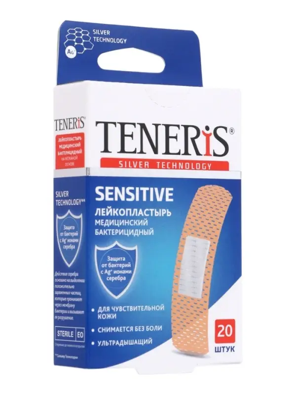 Лейкопластырь медицинский бактерицидный TENERIS Sensitive, нетканная основа, 7.6&times;1.9 см, 20 шт.