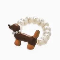 Кольцо "Такса" собака с жемчужным ошейником, цвет бело-коричневый