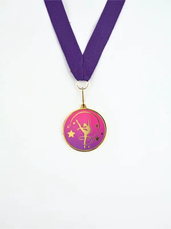 Медаль с уф-печатью "Гимнастика", диам. 5 см. Цвет зол. С лентой