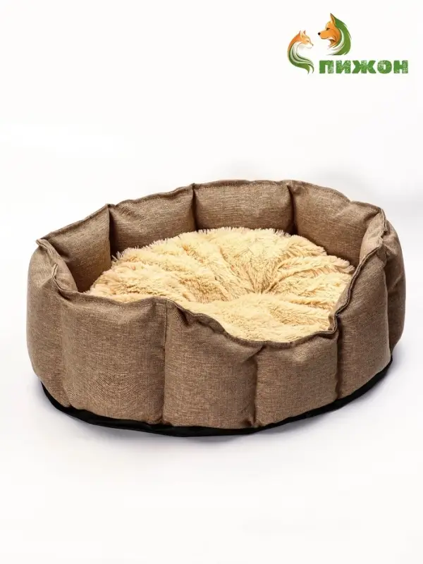 Лежанка для кошек и собак, 65&times;50&times;20 см, рогожка, искусственный мех, коричневая