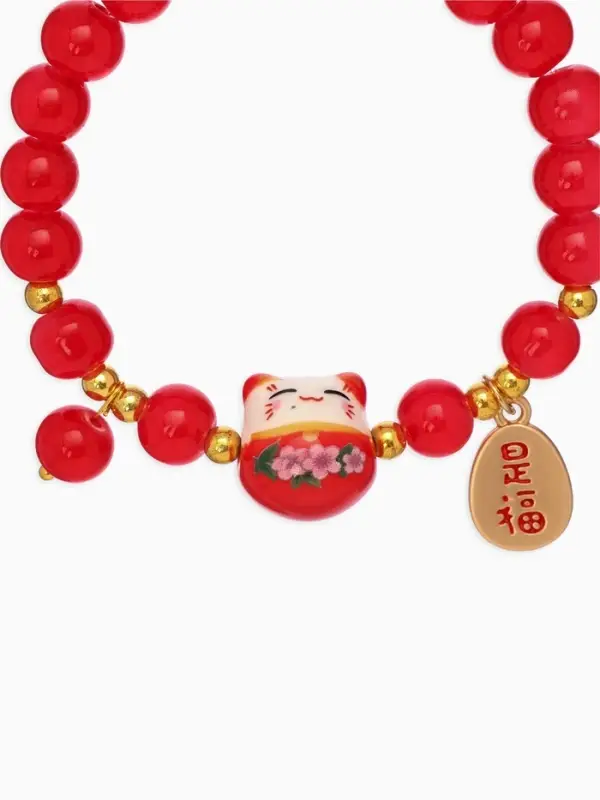 Браслет из бусин &laquo;Япония. Кошечка нэко&raquo;, L=16 см, красный в золоте