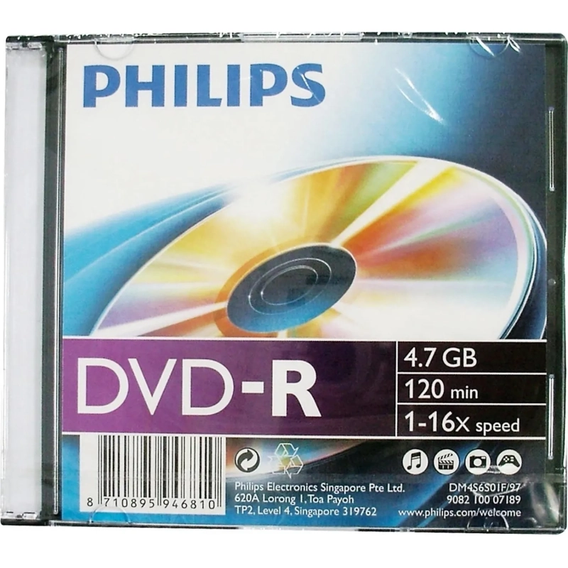 Носители информации DVD-R Philips (DM4S6S01F/97)4.7 Gb, 16x, Slim Case 1шт
