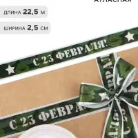 Лента атласная &laquo;С 23 Февраля!&raquo;, 2.5 см &times; 22.5 (&plusmn; 1) м, зелёная