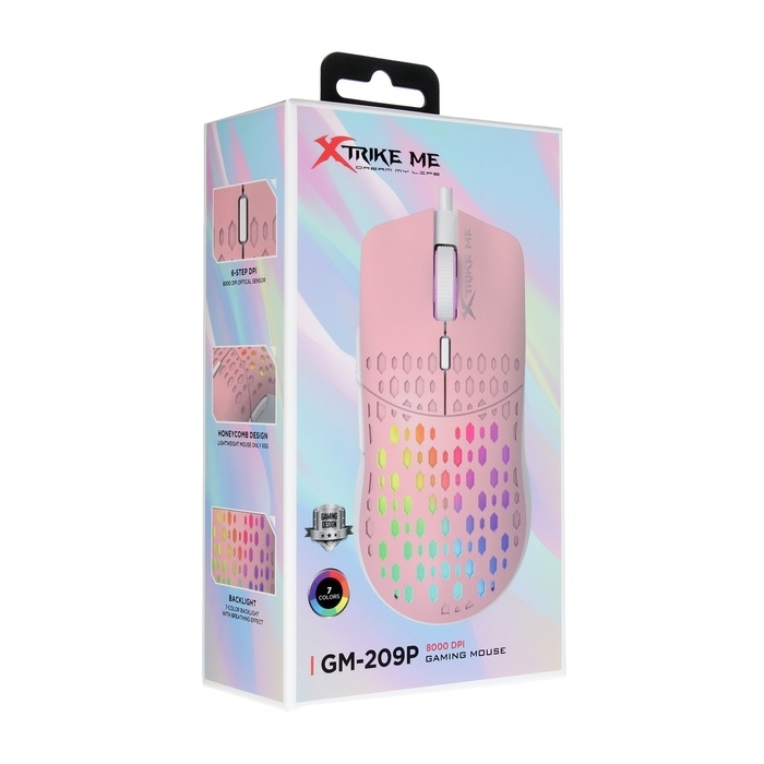 Мышь Xtrike Me GM-209P, игровая, проводная, подсветка, 8000 DPI, USB, 1.5 м, розовая