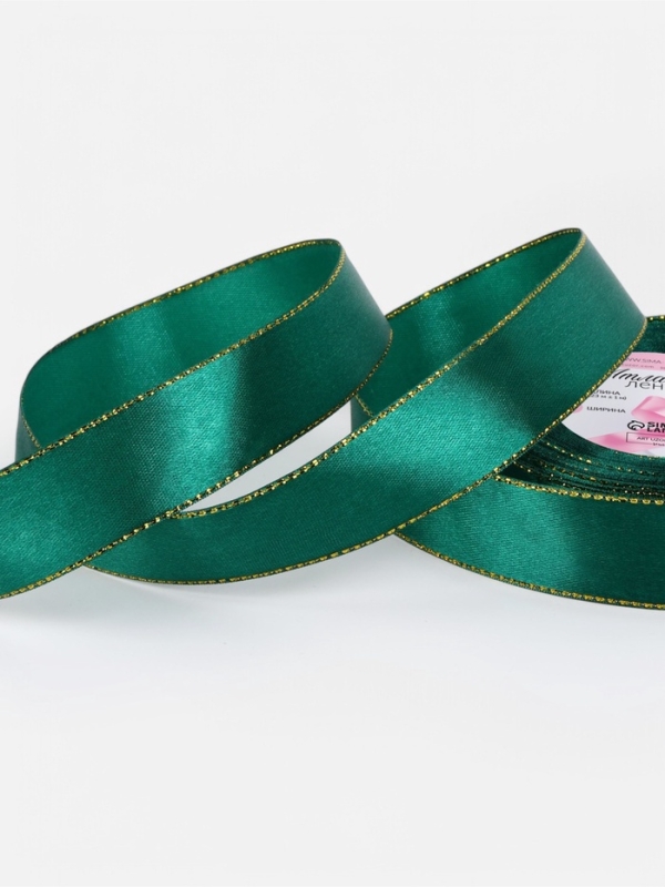Лента атласная, с золотым люрексом, 25 мм, 23&plusmn;1 м, зелёная №168