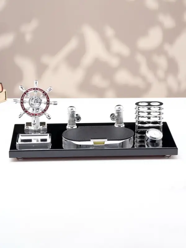 Набор настольный канцелярский 6 в 1 с визитницей и часами, черное дерево