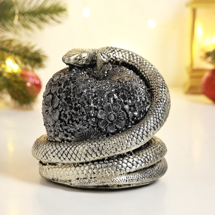 Новый год. Символ 2025. Копилка Новый год. Символ 2025. Копилка "Змея на яблоке" серебро, 10х11см