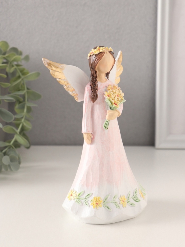 Сувенир полистоун "Девушка-ангел в нежно-розовом платье, с букетом" 9,5х6,5х16 см