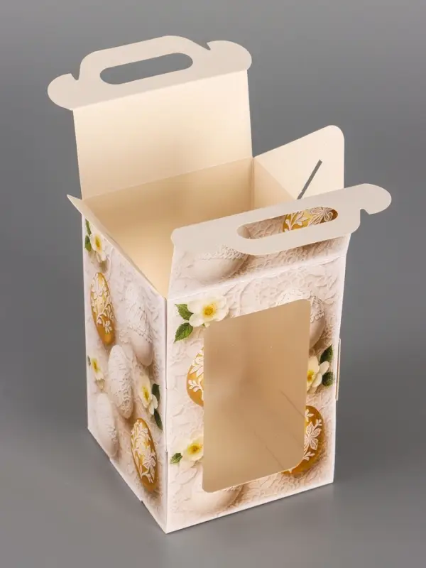 Коробка подарочная пасхальная с окном и с ручкой, бежевый, 10&times;10&times;15 см