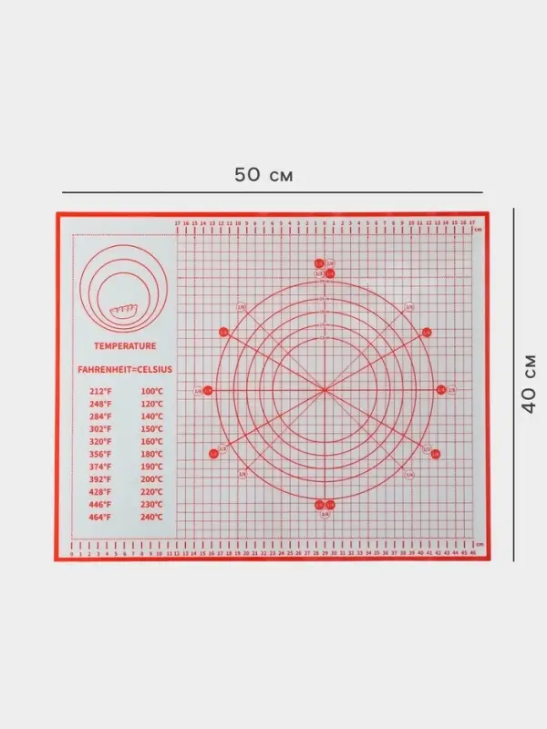 Коврик для выпечки и раскатки теста с разметкой, армированный, силикон, 50&times;40 см, красный