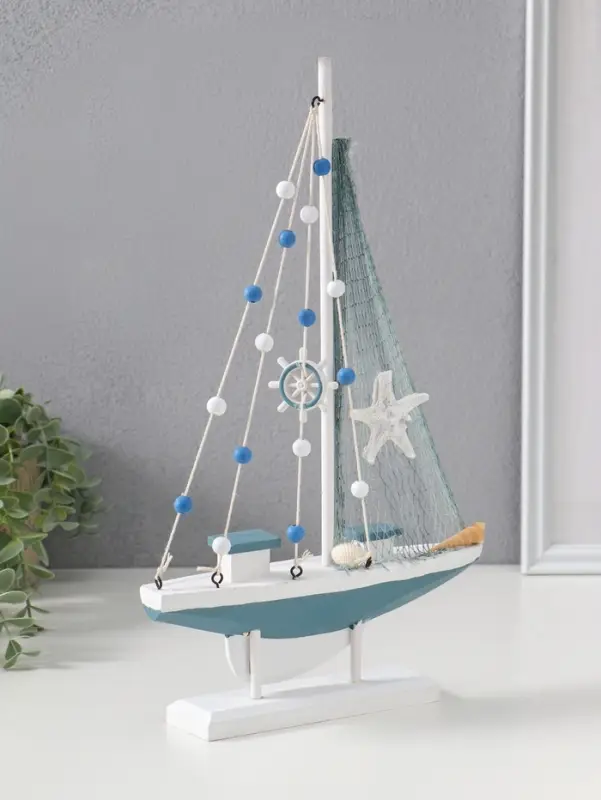 Сувенир дерево "Парусник с якорем и морской звездой" бело-голубой 21,5х4,5х36 см