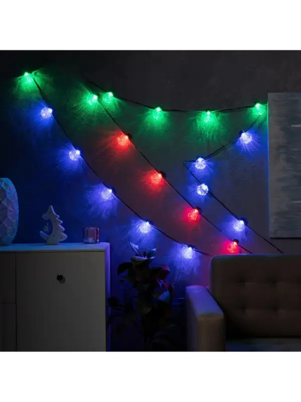 Умная гирлянда &laquo;Нить&raquo; 6 м с насадками &laquo;Рифленые шарики&raquo;, IP20, тёмная нить, 20 LED, свечение RGB, USB