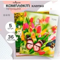 Тетради 36 листов в клетку, Calligrata &laquo;Бабочки&raquo;, серые листы, 5 штук