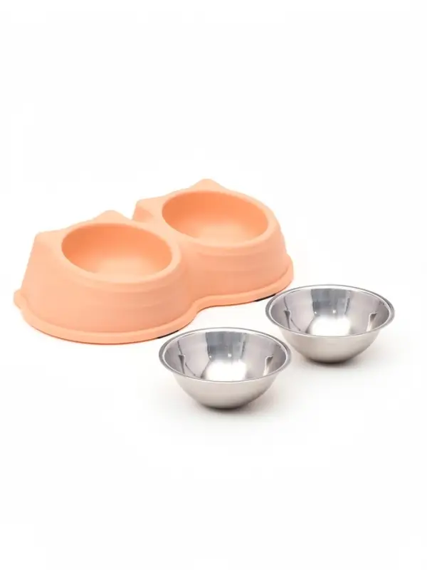 Миска двойная &laquo;Кисы&raquo;, 28&times;16.3&times;7.3 см, на пластиковом основании, металл, розовая