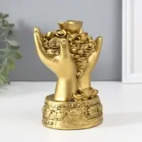 Нэцкэ фигурка полистоун под бронзу &laquo;Монеты и слитки в ладонях&raquo;, 7.7&times;10.7&times;14 см