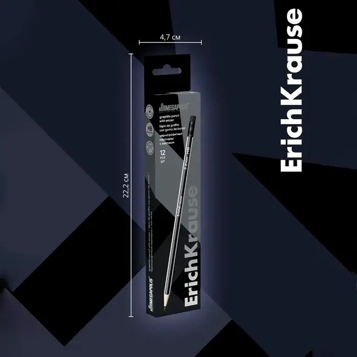 Карандаш чернографитный, ErichKrause «Megapolis», HB, d=2.2 мм, с ластиком, трёхгранный в коробке, дерево Карандаш чернографитный, ErichKrause «Megapolis», HB, d=2.2 мм, с ластиком, трёхгранный в коробке, дерево