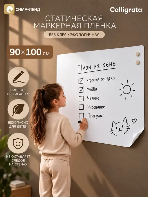 Доска магнитно-маркерная белая клеевая 90 х 100 см (электростатическая ) CALLIGRATA