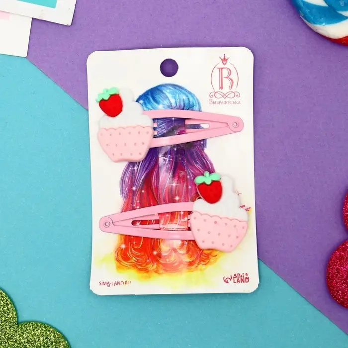 Невидимка для волос "Абель" (набор 2 шт) пирожное с клубникой, 5 см, розовый