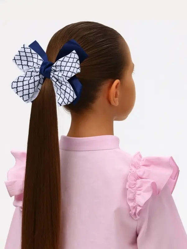 Бант для волос на резинке &laquo;Школьница&raquo;, узор, 12 см, бело-синий