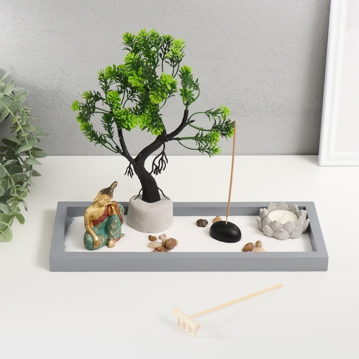 Сад камней Дзен  Сад камней Дзен "Будда в саду - медитация у дерева" песок+аромапалочки+свеча 32,3х13х23,5 см