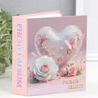 Фотоальбом на 40 фото 10х15 см "Сердце и белая роза с бабочками" в коробке 4,5х14х17 см