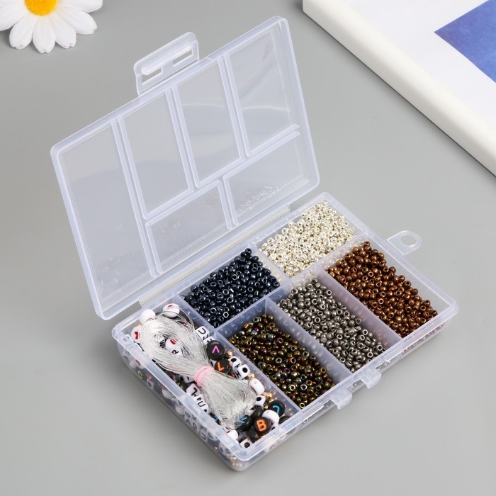 Бисер стекло 8/0 в шкатулке  Бисер стекло 8/0 в шкатулке "Металлик" бусины + нить 0,8 мм 5 м 12х8,4х2,2 см