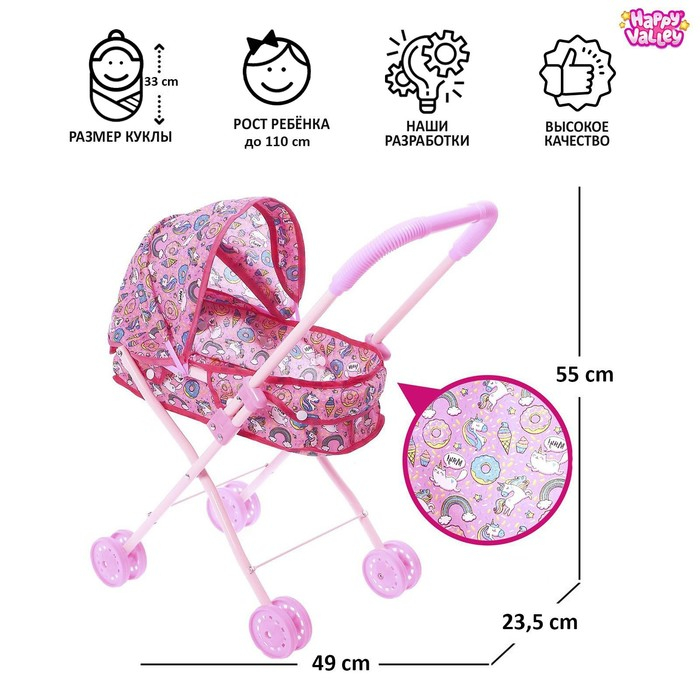 Коляска для кукол «Сладкая поняшка» универсальная, металлический каркас Коляска для кукол «Сладкая поняшка» универсальная, металлический каркас