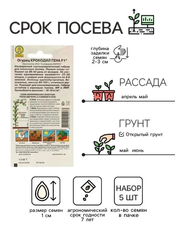 Набор семян Огурец &laquo;Крокодил Гена&raquo;, F1, ультраранний, партенокарпический, 5 пакетиков, &laquo;Аэлита&raquo;