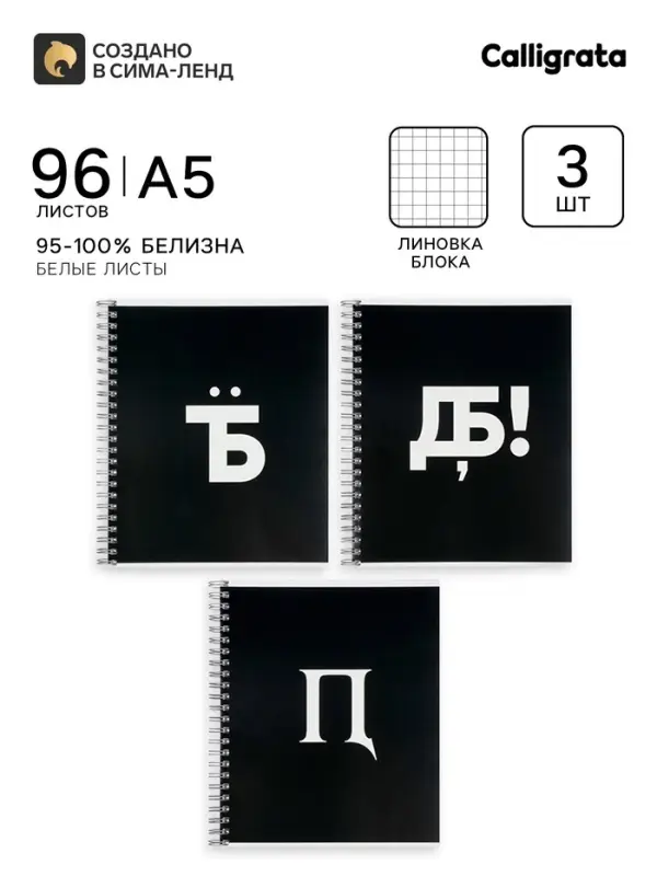 Тетради Calligrata &laquo;Русские иероглифы&raquo;, 3 штуки, 96 листов, на гребне, обложка из мелованного картона