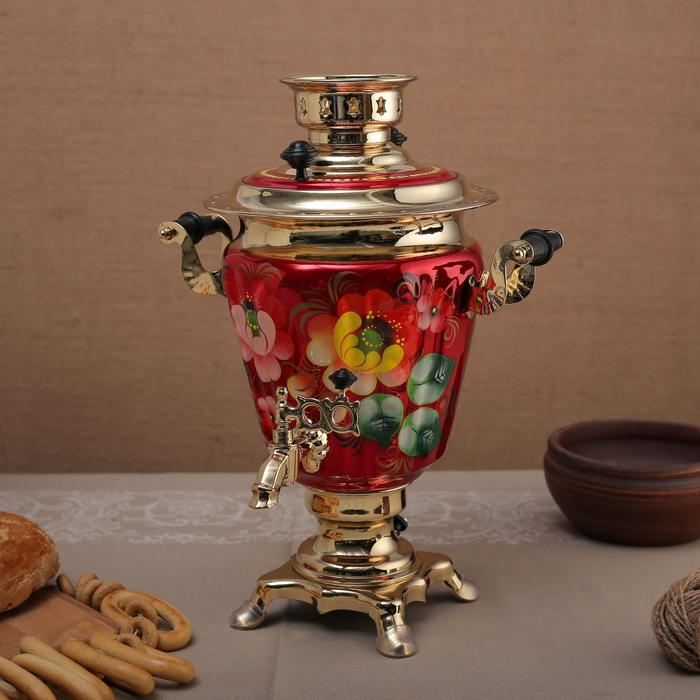 Самовар «Жостово на красном», рюмка, 3 л, электрический Самовар «Жостово на красном», рюмка, 3 л, электрический