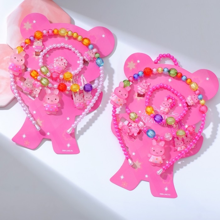 Комплект детский «Выбражулька» 9 предметов: ободок, 2 резинки, 2 заколки, клипсы, кулон, браслет, кольцо, зайчики, цвет МИКС Комплект детский «Выбражулька» 9 предметов: ободок, 2 резинки, 2 заколки, клипсы, кулон, браслет, кольцо, зайчики, цвет МИКС