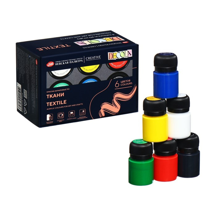 Краска по ткани, набор 6 цветов х 20 мл, ЗХК Decola, акриловая на водной основе (2941025) Краска по ткани, набор 6 цветов х 20 мл, ЗХК Decola, акриловая на водной основе (2941025)