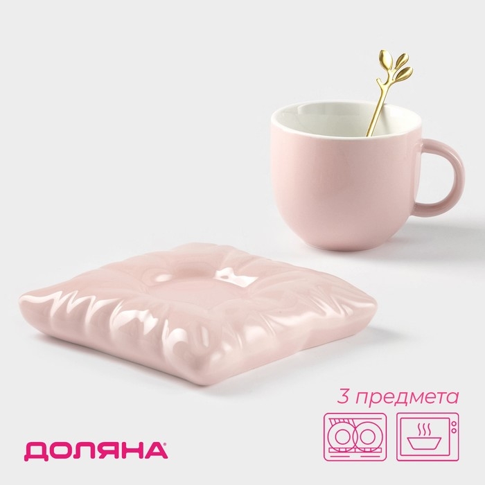 Чайная пара керамическая с ложкой «Зефирка», 2 предмета: чашка 250 мл, блюдце d=13 см, цвет розовый Чайная пара керамическая с ложкой «Зефирка», 2 предмета: чашка 250 мл, блюдце d=13 см, цвет розовый