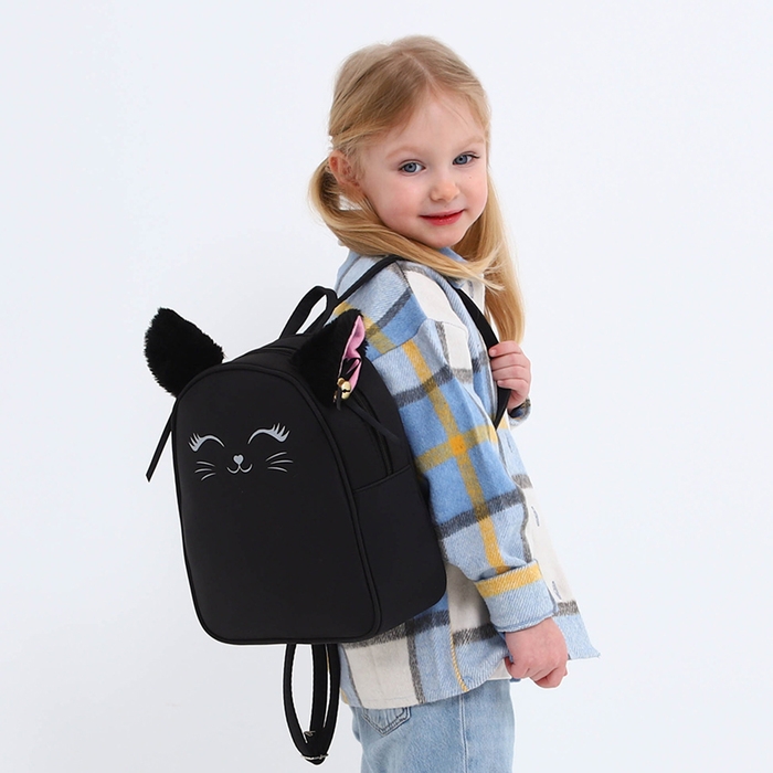 Рюкзак школьный текстильный с ушками на заколках «Котик», 27х23 см, чёрный цвет Рюкзак школьный текстильный с ушками на заколках «Котик», 27х23 см, чёрный цвет