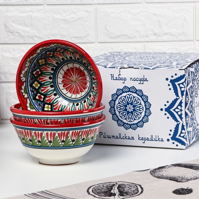 Набор салатников Риштанская керамика Набор салатников Риштанская керамика "Узоры", 15 см, 3 шт, в подарочной упаковке, красные