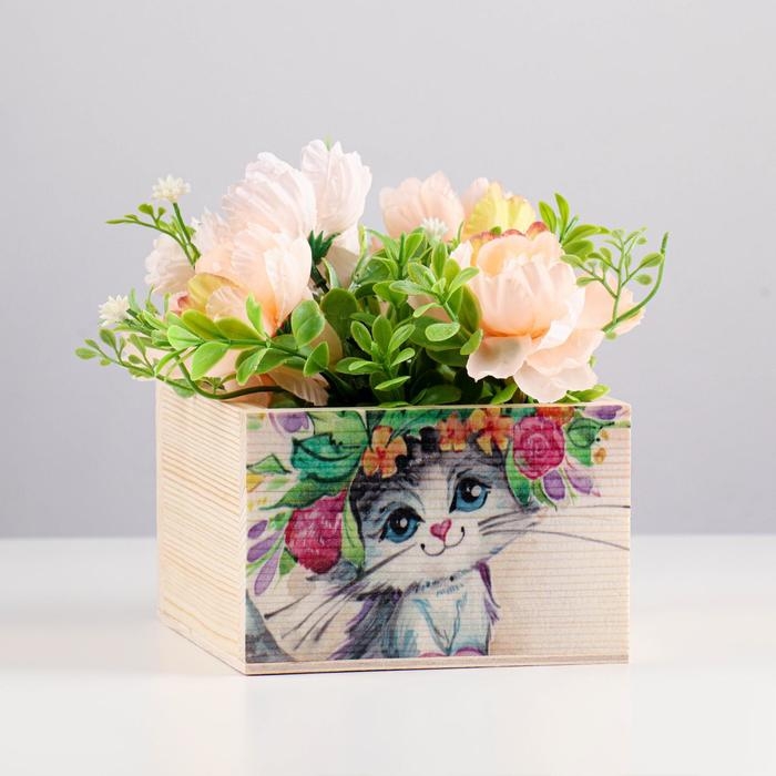 Кашпо деревянное  Кашпо деревянное "Котик" 14,5×12,5×8,5 см