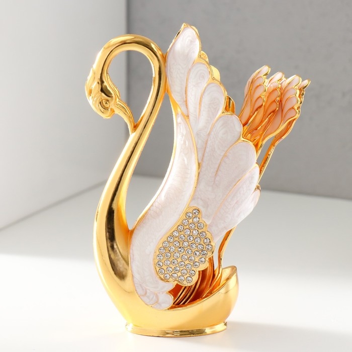 Набор из 6 шт сувенирных ложек в виде пера  Набор из 6 шт сувенирных ложек в виде пера "Розовый лебедь со стразами" 5х8,5х15 см