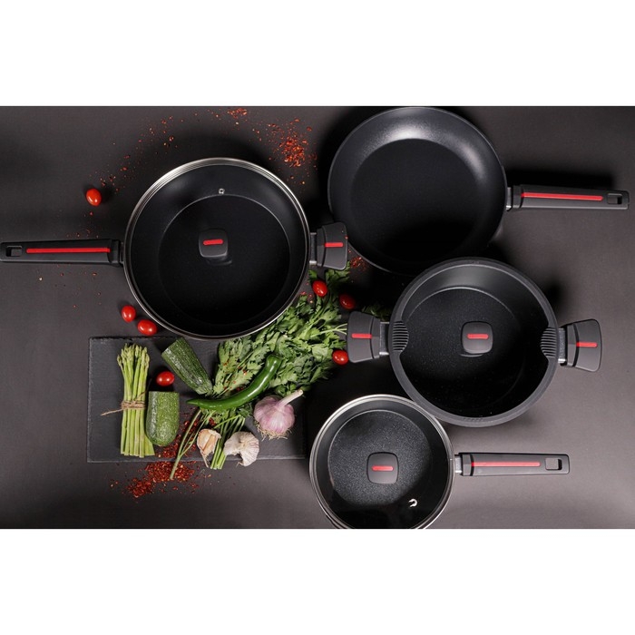 Сковорода Magistro Flame, d=28 см, h=7,5 см, со стеклянной крышкой, ручка soft-touch, антипригарное покрытие, индукция, цвет чёрный