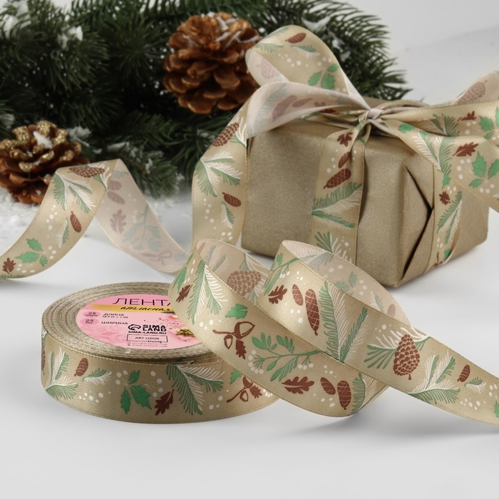 Новый год! Лента атласная «Новогодний лес», 25 мм, 23 ± 1 м, цвет бежевый №067 Новый год! Лента атласная «Новогодний лес», 25 мм, 23 ± 1 м, цвет бежевый №067