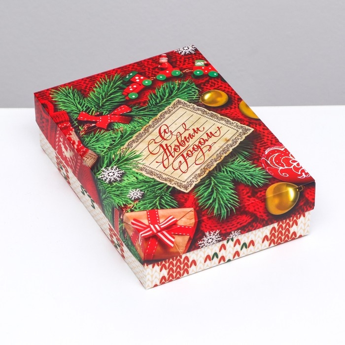 Новый год. Коробка подарочная новогодняя складная, крышка-дно без окна, Новый год. Коробка подарочная новогодняя складная, крышка-дно без окна, "Вязанка", 21 х 15 х 5,7 см