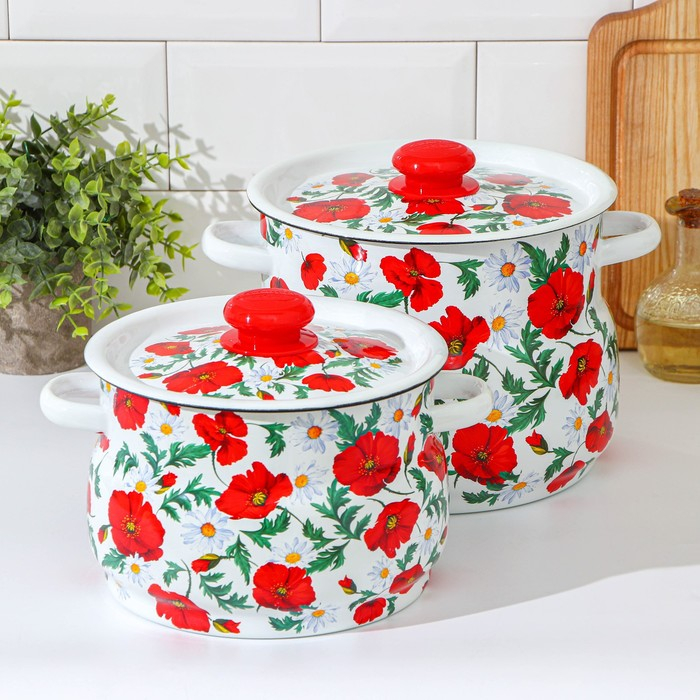 Набор кастрюль «Маки сибирские», 2 предмета: 4 л, 5.5 л, эмалированные крышки, индукция Набор кастрюль «Маки сибирские», 2 предмета: 4 л, 5.5 л, эмалированные крышки, индукция