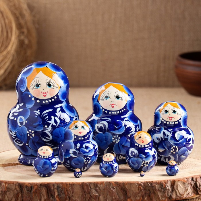 Матрёшка «Гжель», синее платье, 10 кукольная, 13 см,ручная роспись Матрёшка «Гжель», синее платье, 10 кукольная, 13 см,ручная роспись