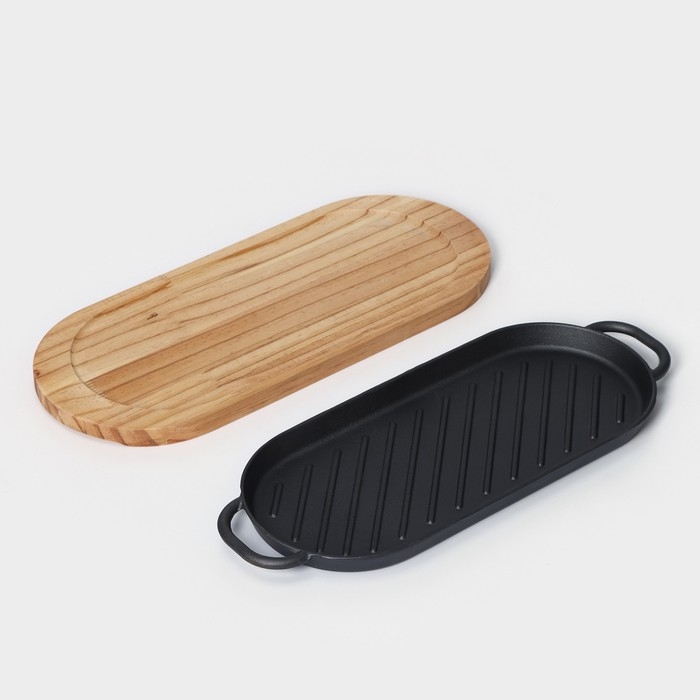 Сковорода чугунная «Овал гриль», 43×16,5×2,5 см, с ручками, на деревянной подставке