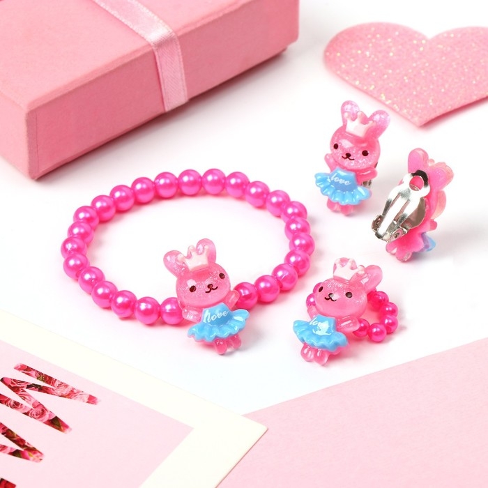 Набор детский «Выбражулька» 3 предмета: клипсы, браслет, кольцо, зайка, цвет МИКС Набор детский «Выбражулька» 3 предмета: клипсы, браслет, кольцо, зайка, цвет МИКС