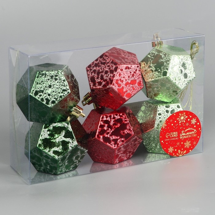 Набор шаров пластик d-6 см, 6 шт Набор шаров пластик d-6 см, 6 шт "Эйвери" геометрия грани, зелёный красный