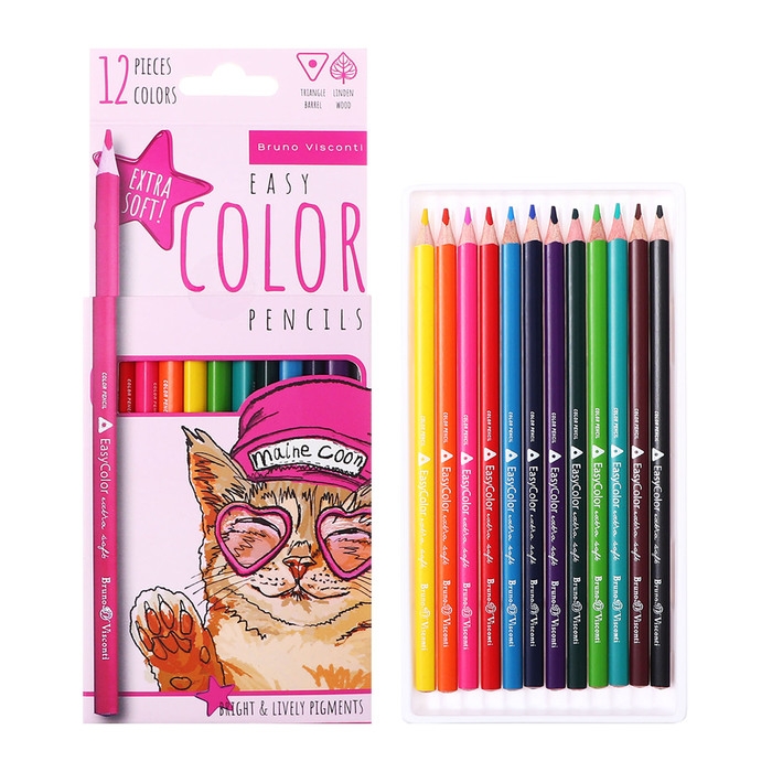 Карандаши 12 цветов BrunoVisconti Easycolor, трёхгранные, особо мягкие Карандаши 12 цветов BrunoVisconti Easycolor, трёхгранные, особо мягкие