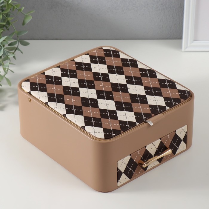 Шкатулка кожзам для украшений  Шкатулка кожзам для украшений "Клетка" бежевая 20х22,5х9,5 см