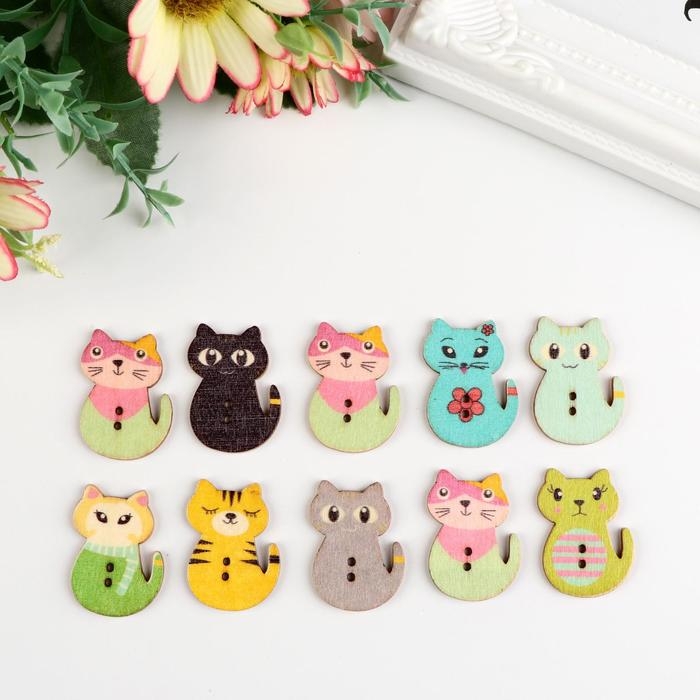 Пуговицы дерево для творчества 2 прокола Пуговицы дерево для творчества 2 прокола "Котята" набор 10 шт 3х2,1х0,2 см