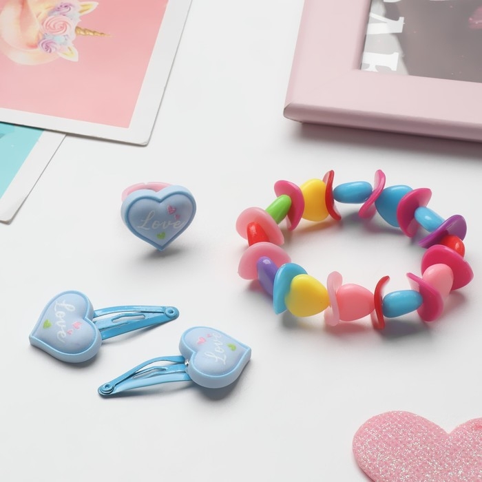 Комплект детский «Выбражулька» 4 предмета: 2 заколки, браслет, кольцо «Горошек», форма МИКС, цвет МИКС Комплект детский «Выбражулька» 4 предмета: 2 заколки, браслет, кольцо «Горошек», форма МИКС, цвет МИКС