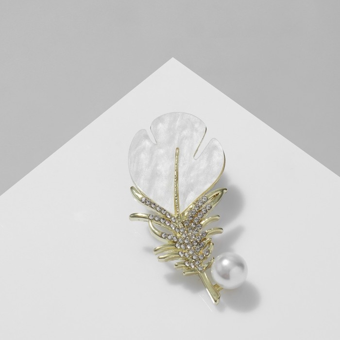 Брошь «Перо» с бусиной, цвет белый в золоте Брошь «Перо» с бусиной, цвет белый в золоте